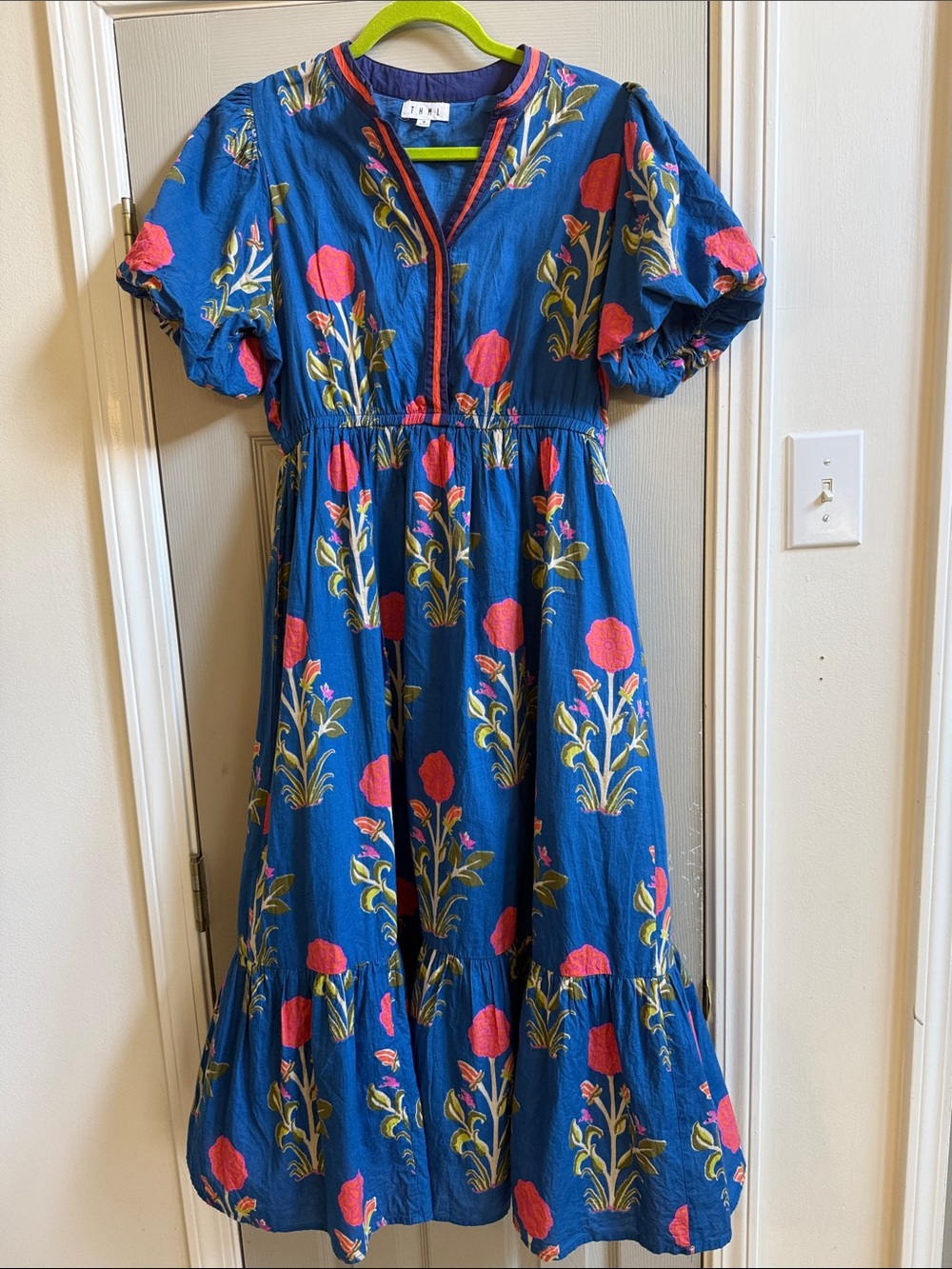 THML Blue Maxi Dress with Pink Floral Print